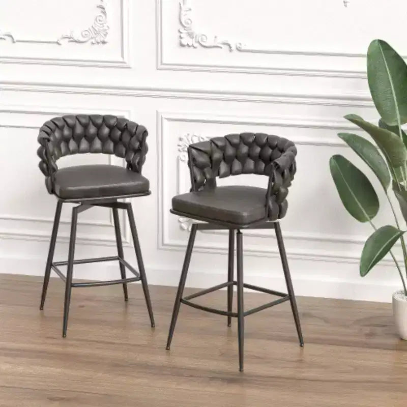 Linen Woven Swivel Bar Stools, 2 Piece Set, Kitchen Chairs with Back, Footrest, Fixed Height
