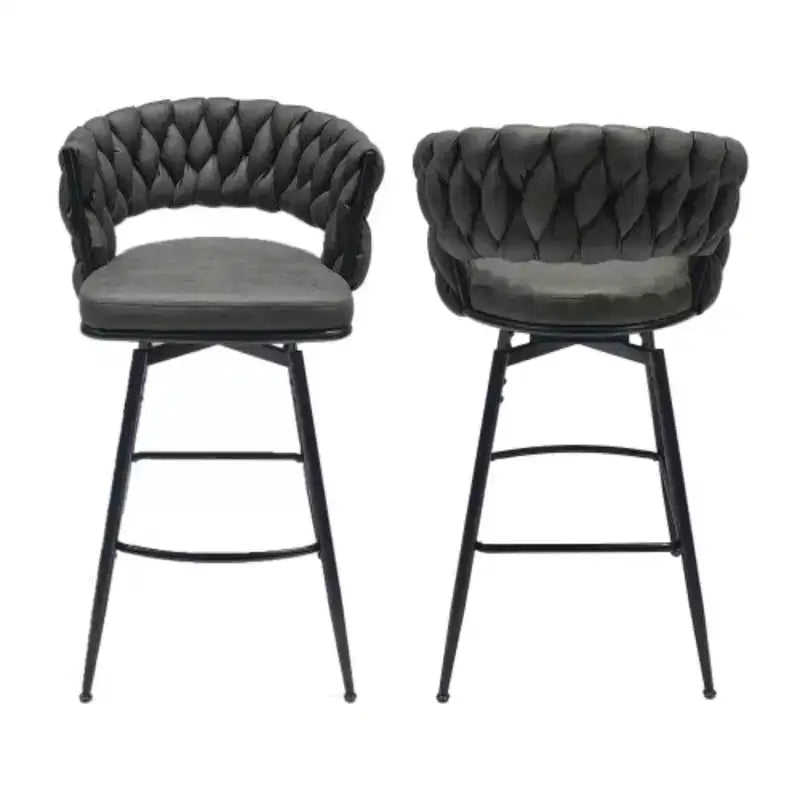 Taburetes de bar giratorios de lino tejido, juego de 2 piezas, sillas de cocina con respaldo, reposapiés, altura fija