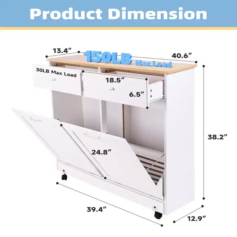Mueble de Basura Doble con Tapa Abatible, 2 Cajones y 4 Ruedas con Freno, Blanco