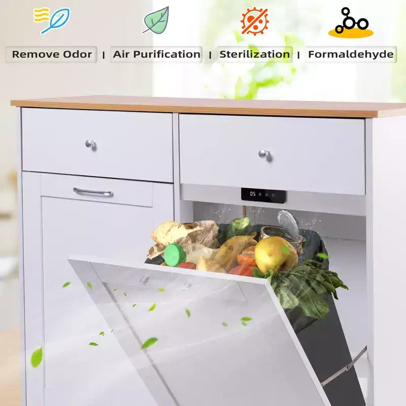 Mueble de Basura Doble con Tapa Abatible, 2 Cajones y 4 Ruedas con Freno, Blanco