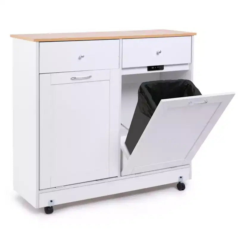 Mueble de Basura Doble con Tapa Abatible, 2 Cajones y 4 Ruedas con Freno, Blanco