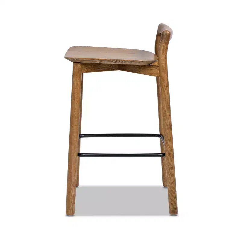 Taburete de mostrador bajo Sven de 26.5" de madera de fresno maciza con reposapiés de hierro negro