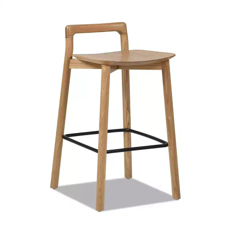 Taburete de mostrador bajo Sven de 26.5" de madera de fresno maciza con reposapiés de hierro negro