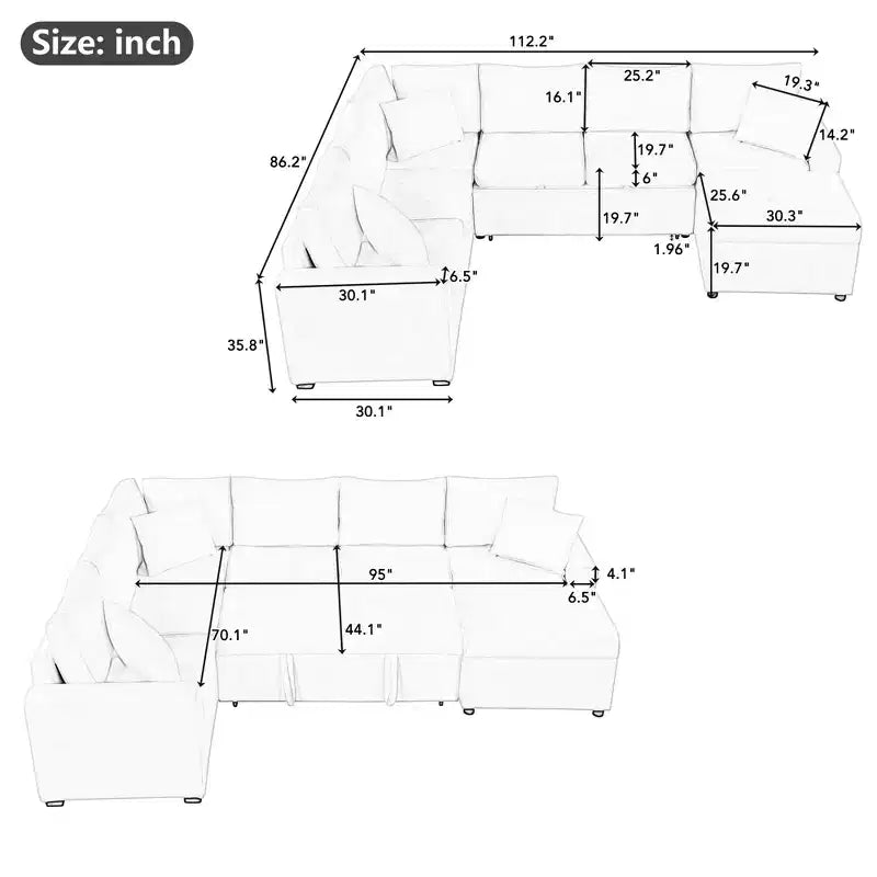 Sofá cama seccional moderno de 112" con otomana de almacenamiento, carga USB y 3 almohadas