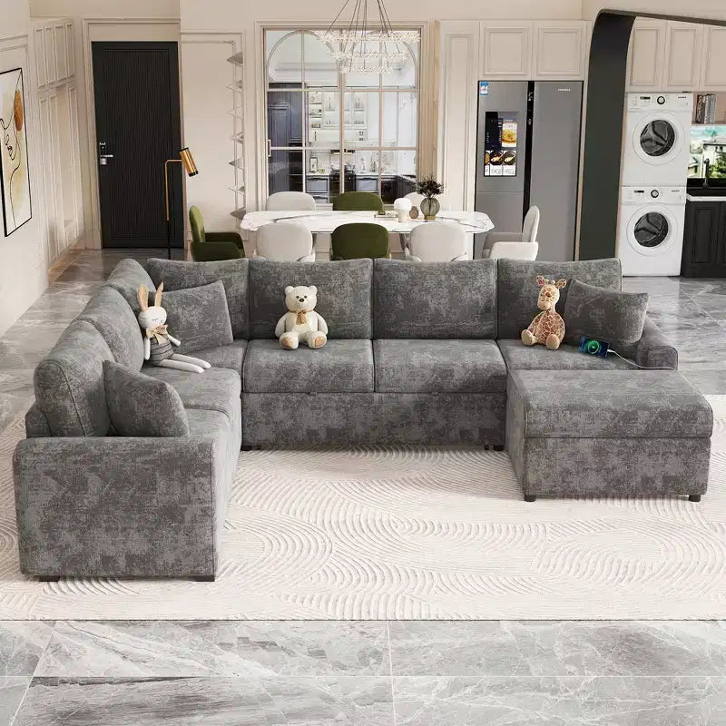 Sofá cama seccional moderno de 112" con otomana de almacenamiento, carga USB y 3 almohadas