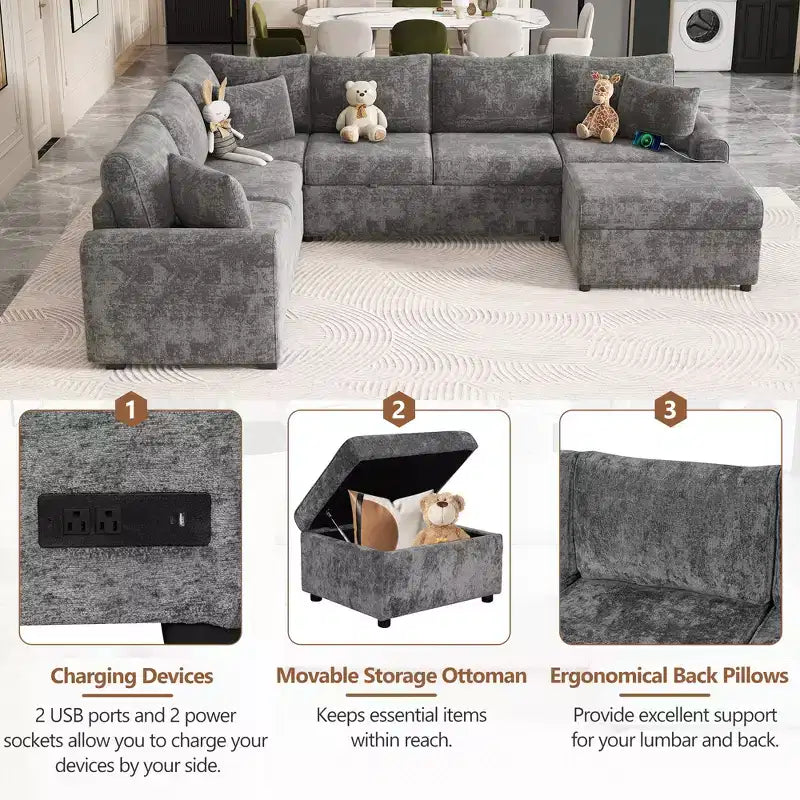 Sofá cama seccional moderno de 112" con otomana de almacenamiento, carga USB y 3 almohadas