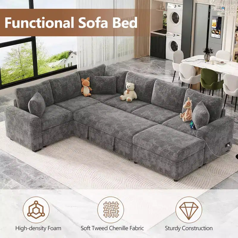Sofá cama seccional moderno de 112" con otomana de almacenamiento, carga USB y 3 almohadas
