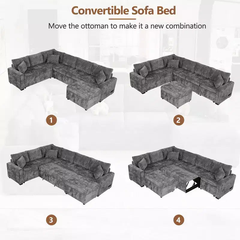 Sofá cama seccional moderno de 112" con otomana de almacenamiento, carga USB y 3 almohadas