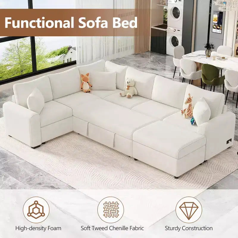 Sofá cama seccional moderno de 112" con otomana de almacenamiento, carga USB y 3 almohadas