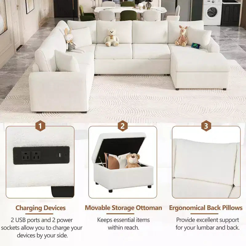 Sofá cama seccional moderno de 112" con otomana de almacenamiento, carga USB y 3 almohadas