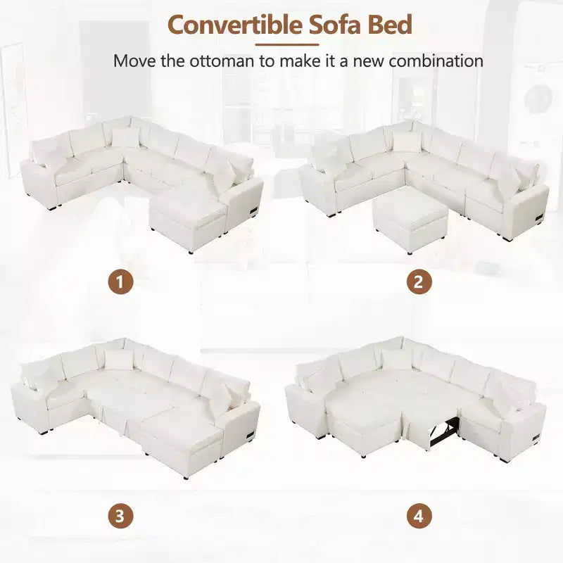 Sofá cama seccional moderno de 112" con otomana de almacenamiento, carga USB y 3 almohadas