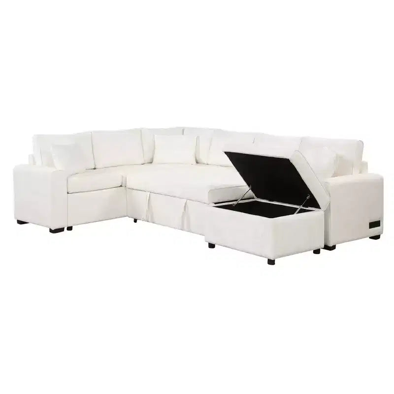 Sofá cama seccional moderno de 112" con otomana de almacenamiento, carga USB y 3 almohadas
