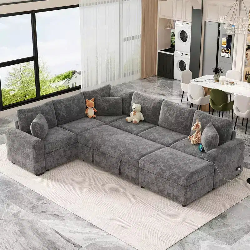 Sofá cama seccional moderno de 112" con otomana de almacenamiento, carga USB y 3 almohadas