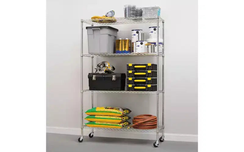 Estante de alambre de 4 niveles con certificación NSF con ruedas, 122 cm ancho x 46 cm prof. x 183 cm alto, plateado