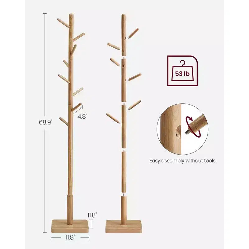 Perchero exento de madera maciza con 8 ganchos y 3 opciones de altura, beige natural