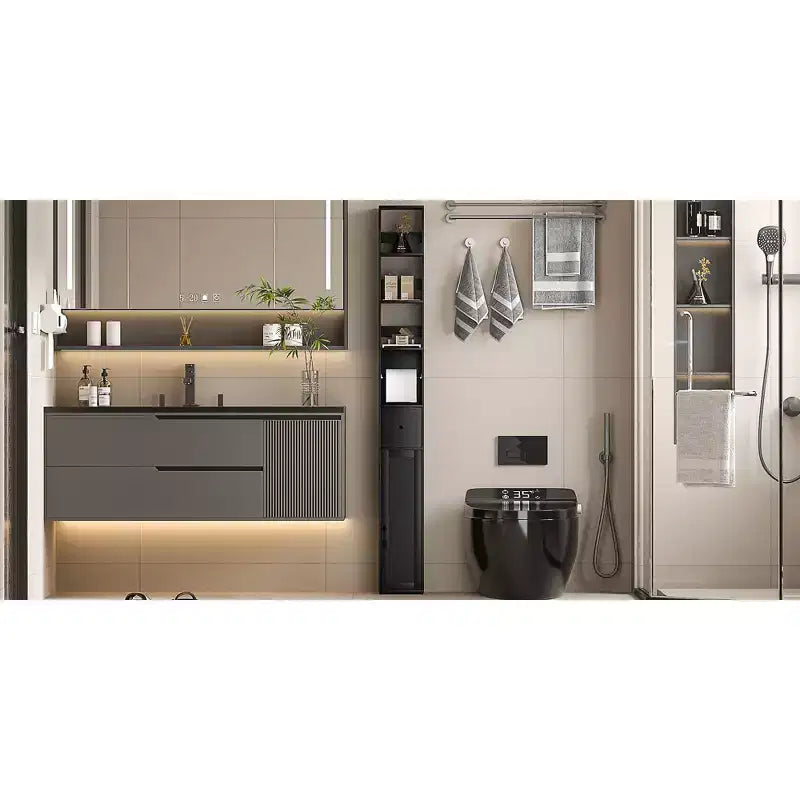 Mueble de Baño Alto y Estrecho con Estantes Ajustables, Portarrollos de Papel Higiénico y Cajón, Negro