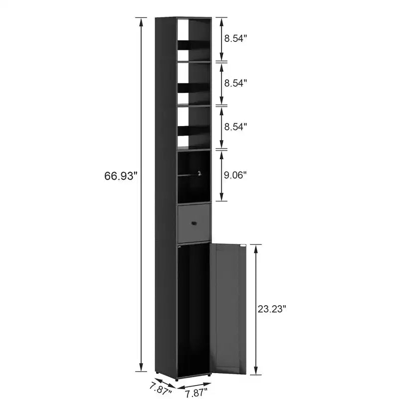 Mueble de Baño Alto y Estrecho con Estantes Ajustables, Portarrollos de Papel Higiénico y Cajón, Negro