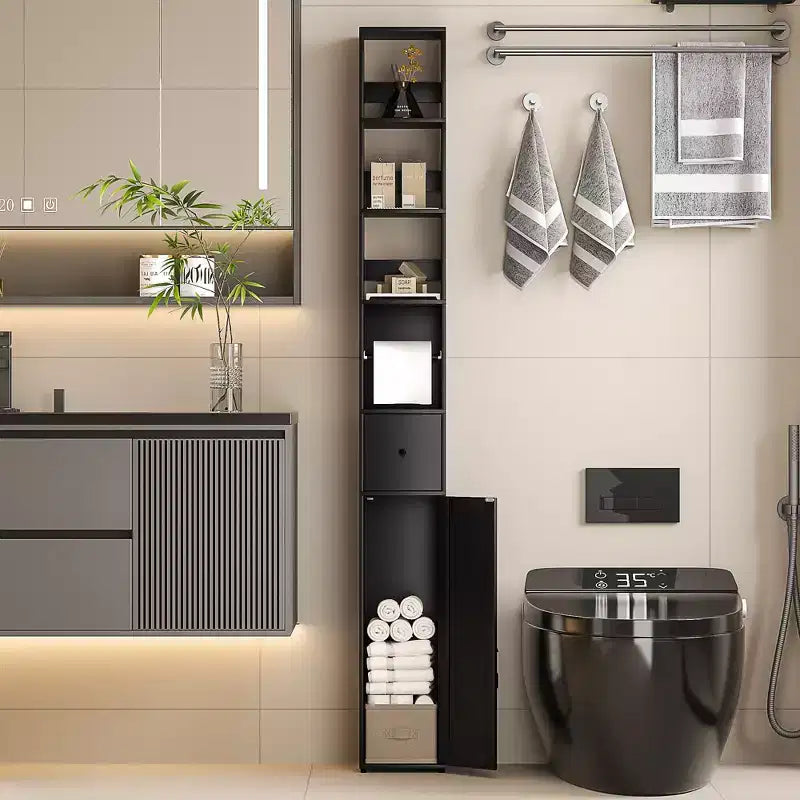 Mueble de Baño Alto y Estrecho con Estantes Ajustables, Portarrollos de Papel Higiénico y Cajón, Negro