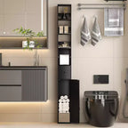 Mueble de Baño Alto y Estrecho con Estantes Ajustables, Portarrollos de Papel Higiénico y Cajón, Negro