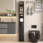Mueble de Baño Alto y Estrecho con Estantes Ajustables, Portarrollos de Papel Higiénico y Cajón, Negro