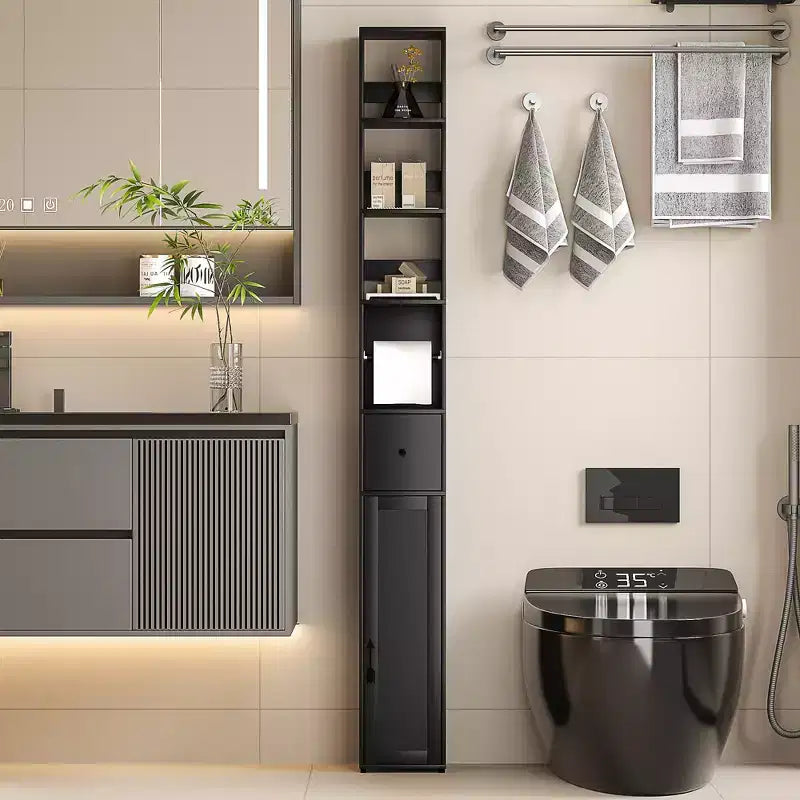 Mueble de Baño Alto y Estrecho con Estantes Ajustables, Portarrollos de Papel Higiénico y Cajón, Negro