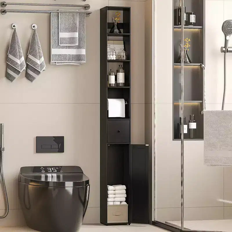 Mueble de Baño Alto y Estrecho con Estantes Ajustables, Portarrollos de Papel Higiénico y Cajón, Negro
