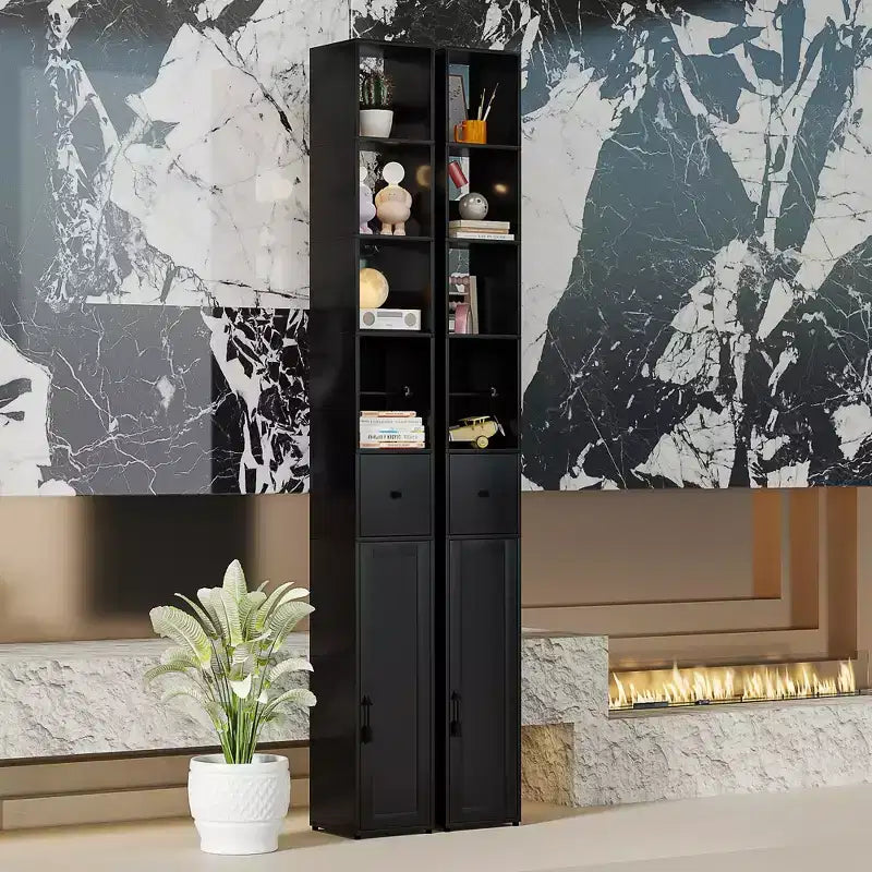 Mueble de Baño Alto y Estrecho con Estantes Ajustables, Portarrollos de Papel Higiénico y Cajón, Negro