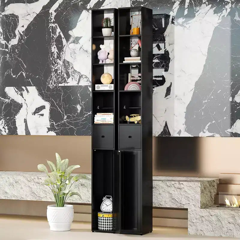 Mueble de Baño Alto y Estrecho con Estantes Ajustables, Portarrollos de Papel Higiénico y Cajón, Negro
