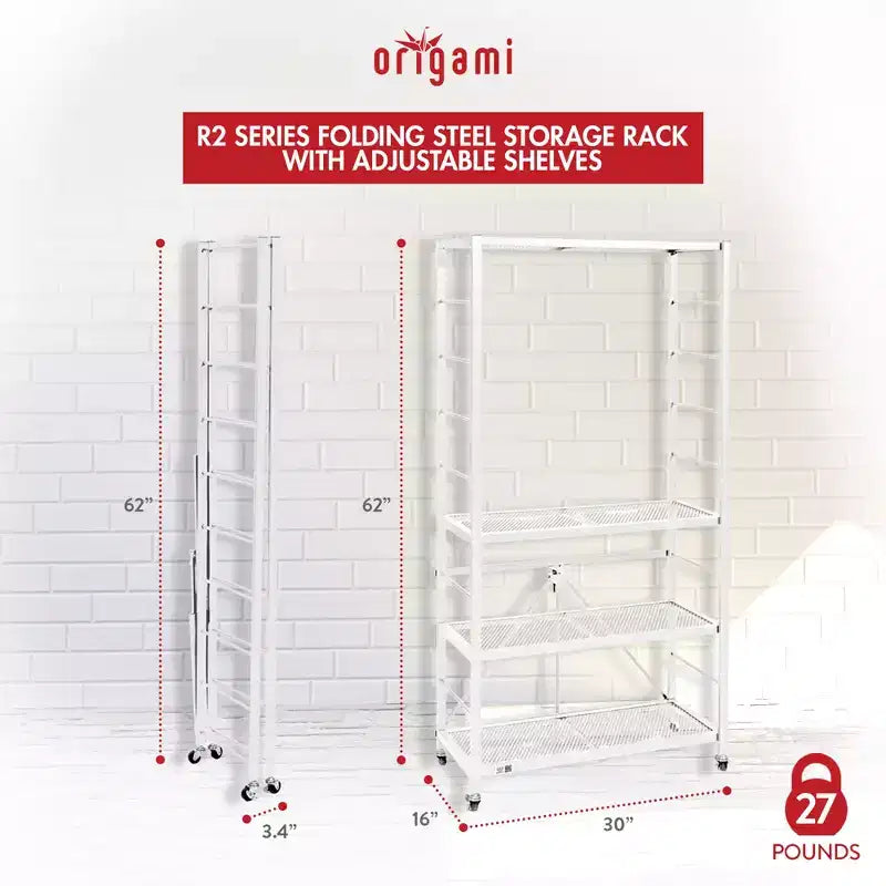Paquete de 3 estanterías plegables de acero con baldas ajustables y ruedas, serie R2, blanco