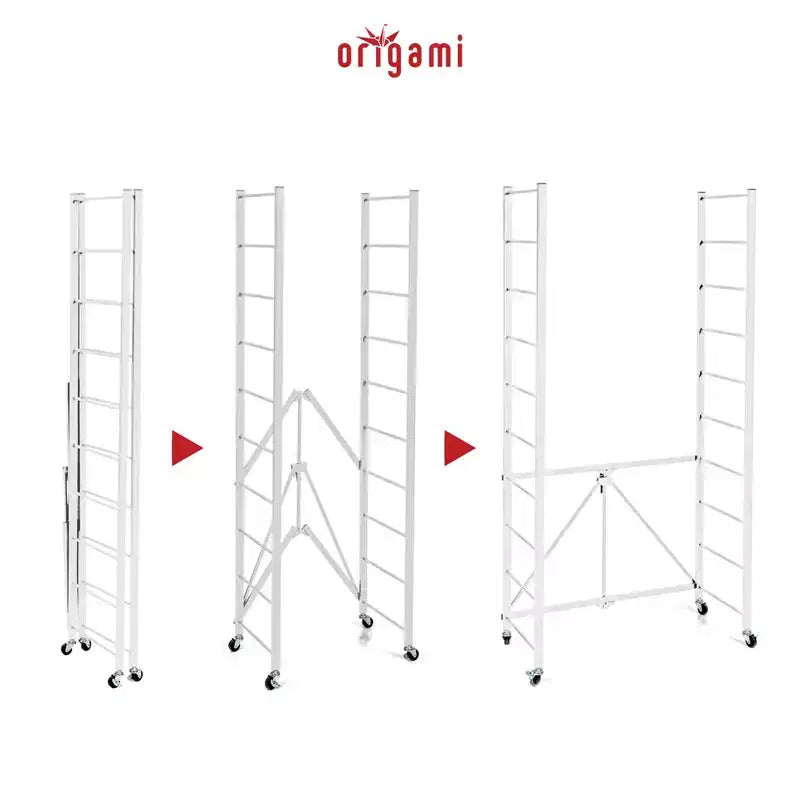 Paquete de 3 estanterías plegables de acero con baldas ajustables y ruedas, serie R2, blanco
