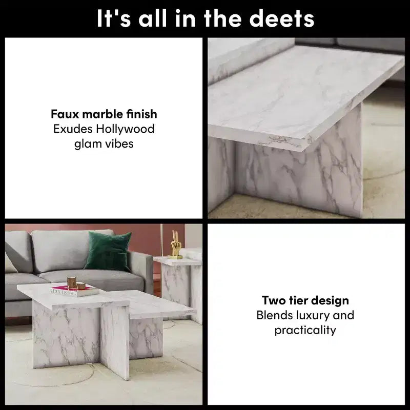 Mesa de centro Brielle de imitación mármol de dos niveles, base entrelazada