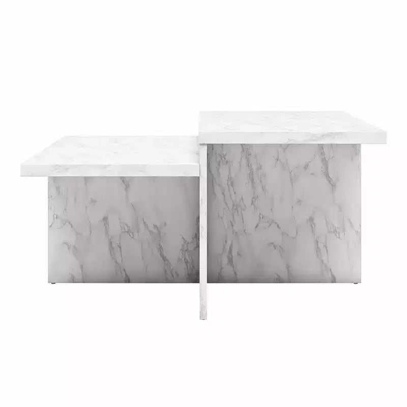 Mesa de centro Brielle de imitación mármol de dos niveles, base entrelazada