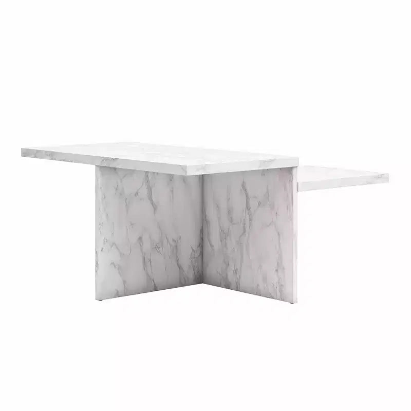 Mesa de centro Brielle de imitación mármol de dos niveles, base entrelazada