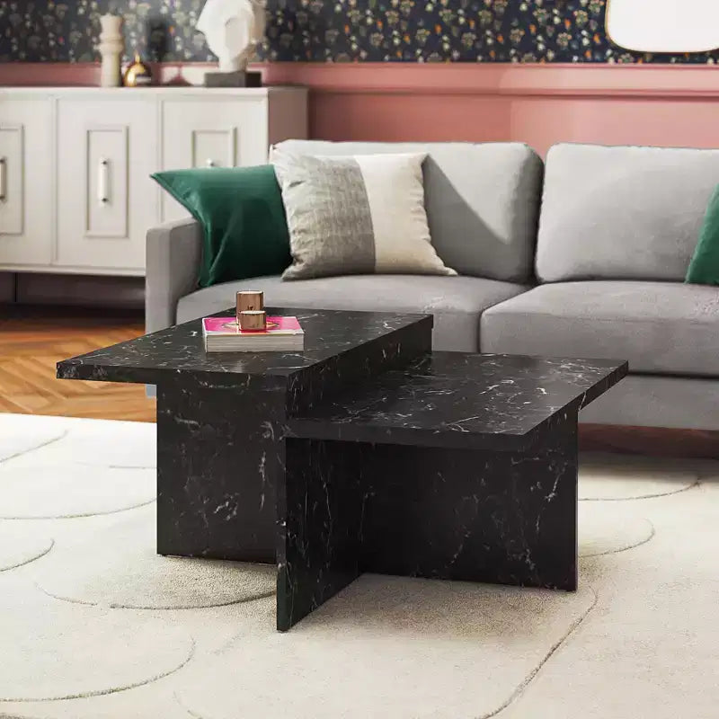 Mesa de centro Brielle de imitación mármol de dos niveles, base entrelazada