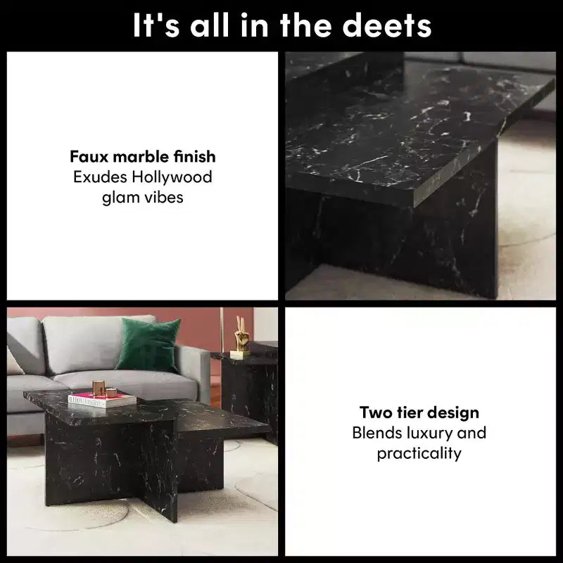Mesa de centro Brielle de imitación mármol de dos niveles, base entrelazada