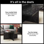 Mesa de centro Brielle de imitación mármol de dos niveles, base entrelazada