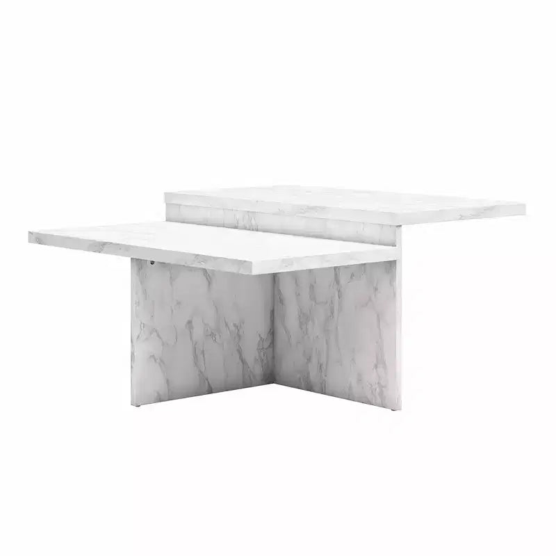 Mesa de centro Brielle de imitación mármol de dos niveles, base entrelazada