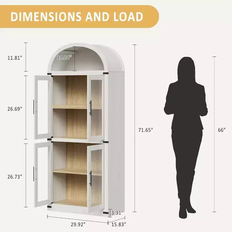 Estantería de madera alta de 181.3 cm con puertas y arco, estilo rústico, para sala de estar, cocina, oficina (Blanco)