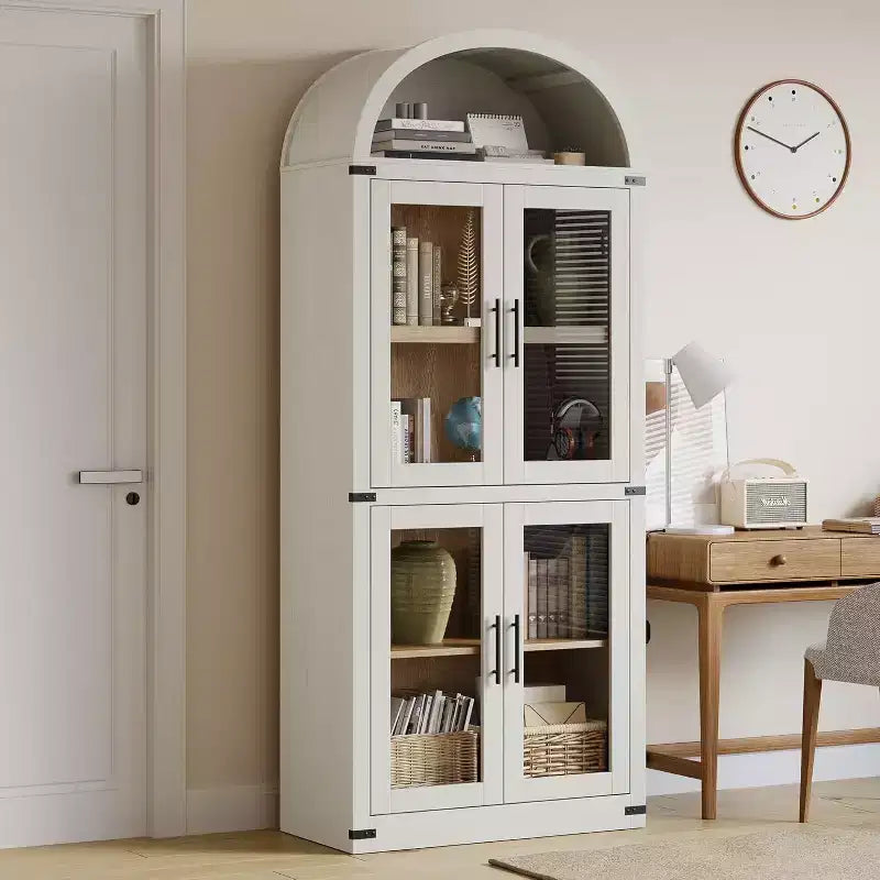 Estantería de madera alta de 181.3 cm con puertas y arco, estilo rústico, para sala de estar, cocina, oficina (Blanco)