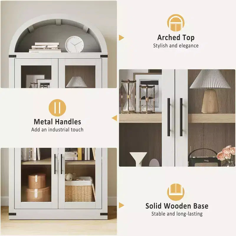 Estantería de madera alta de 181.3 cm con puertas y arco, estilo rústico, para sala de estar, cocina, oficina (Blanco)
