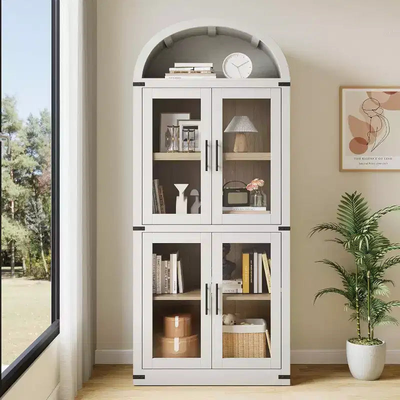 Estantería de madera alta de 181.3 cm con puertas y arco, estilo rústico, para sala de estar, cocina, oficina (Blanco)