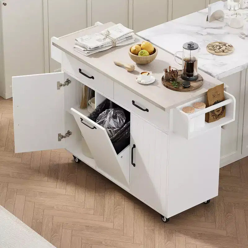 Isla de cocina blanca con carrito de cocina con ruedas, almacenaje para cubo de basura, hoja desplegable y estante ajustable