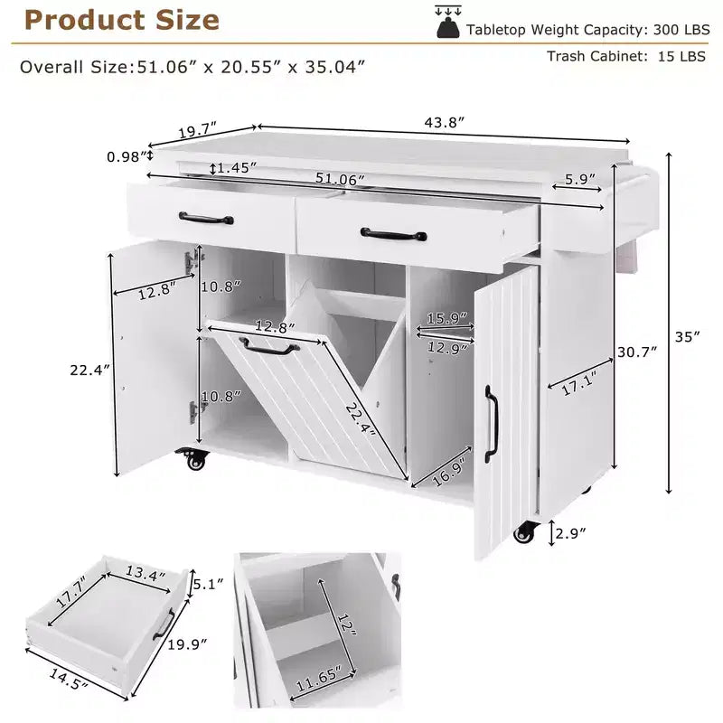 Isla de cocina blanca con carrito de cocina con ruedas, almacenaje para cubo de basura, hoja desplegable y estante ajustable