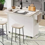 Isla de cocina blanca con carrito de cocina con ruedas, almacenaje para cubo de basura, hoja desplegable y estante ajustable