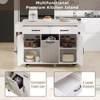 Isla de cocina blanca con carrito de cocina con ruedas, almacenaje para cubo de basura, hoja desplegable y estante ajustable