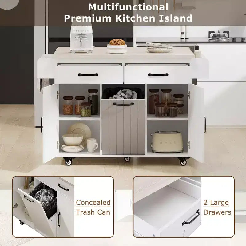Isla de cocina blanca con carrito de cocina con ruedas, almacenaje para cubo de basura, hoja desplegable y estante ajustable