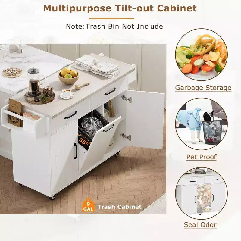 Isla de cocina blanca con carrito de cocina con ruedas, almacenaje para cubo de basura, hoja desplegable y estante ajustable