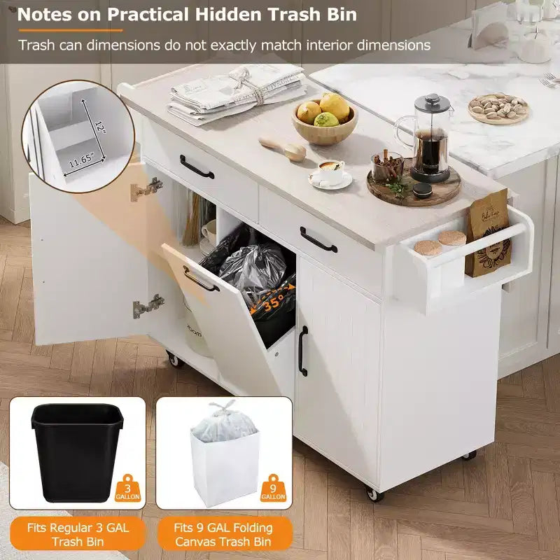 Isla de cocina blanca con carrito de cocina con ruedas, almacenaje para cubo de basura, hoja desplegable y estante ajustable