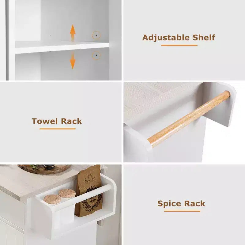 Isla de cocina blanca con carrito de cocina con ruedas, almacenaje para cubo de basura, hoja desplegable y estante ajustable