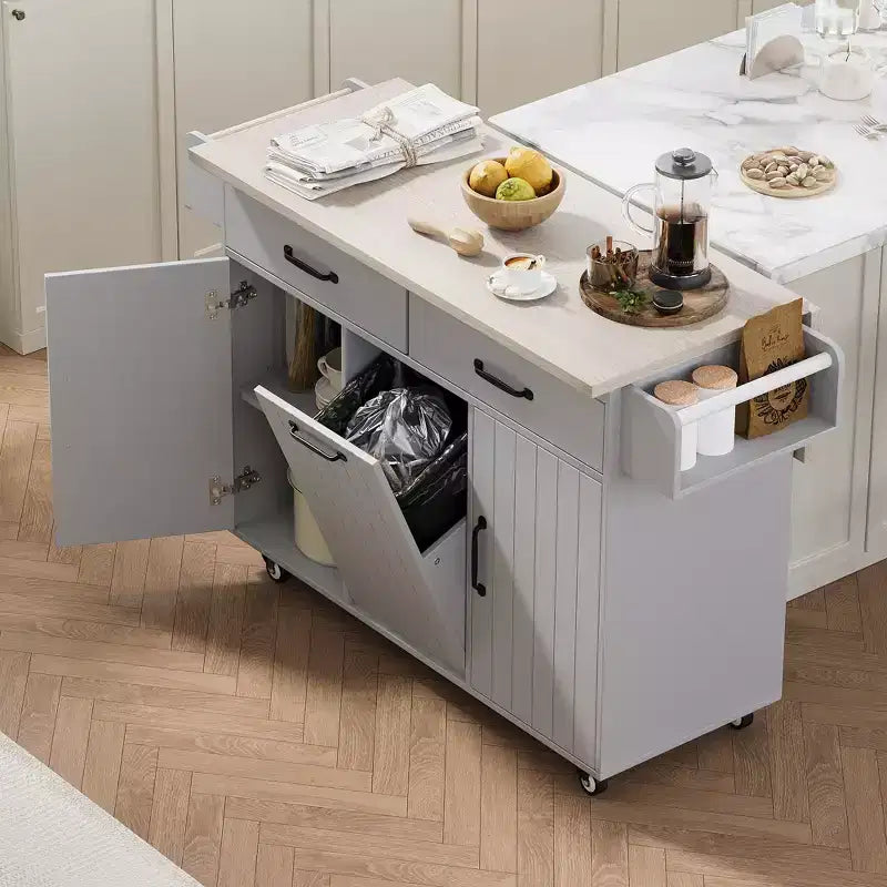 Isla de cocina blanca con carrito de cocina con ruedas, almacenaje para cubo de basura, hoja desplegable y estante ajustable